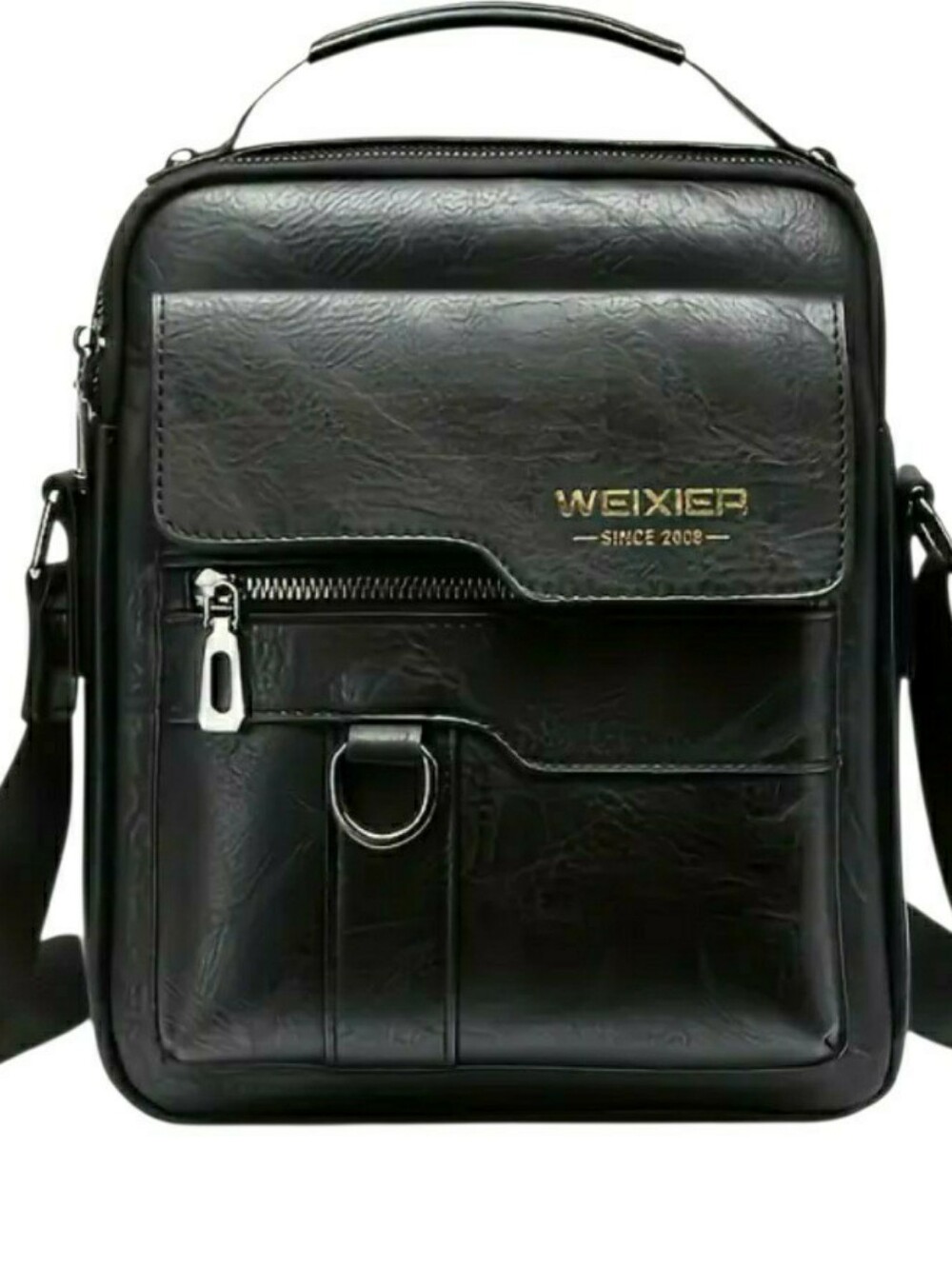 WEIXIER mens black genuine structured leather messenger bag.